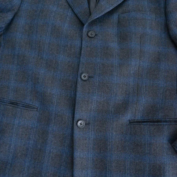 Perry Ellis Vintage Grey Blue Checker Pattern Wool Three Button Blazer - Size 44 - Picture 7 of 11